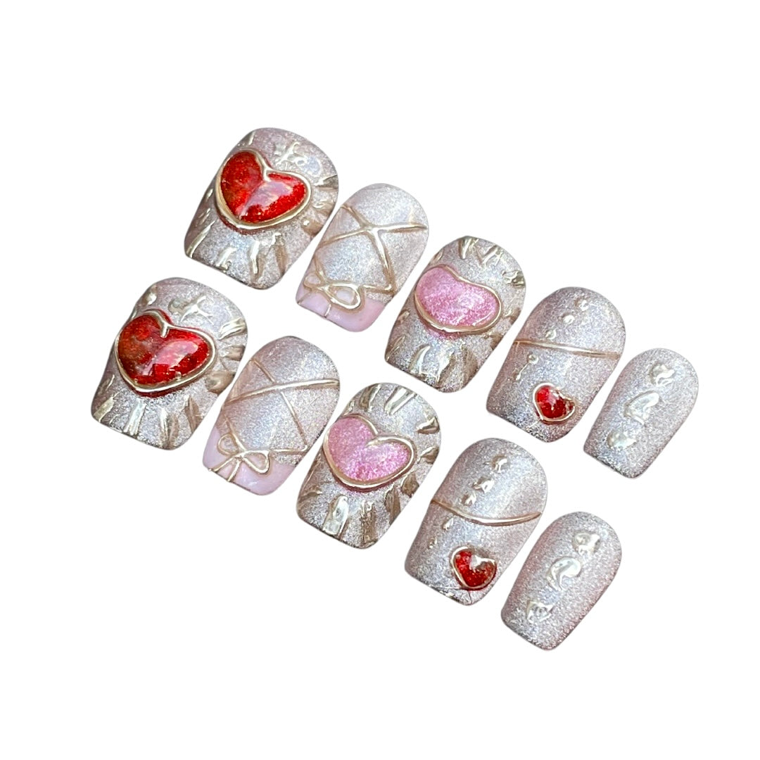 3D heart in red and pink press on nails