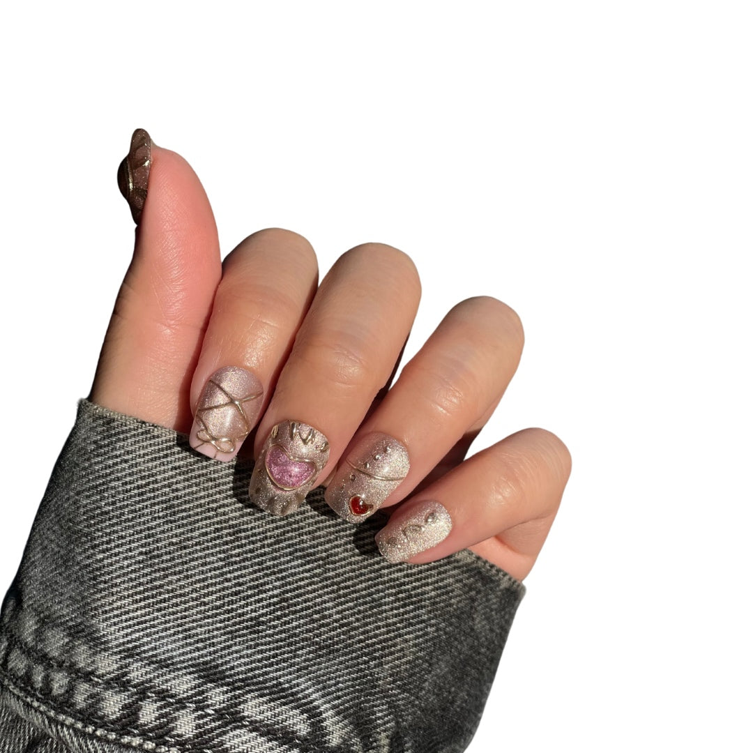3D heart in red and pink press on nails