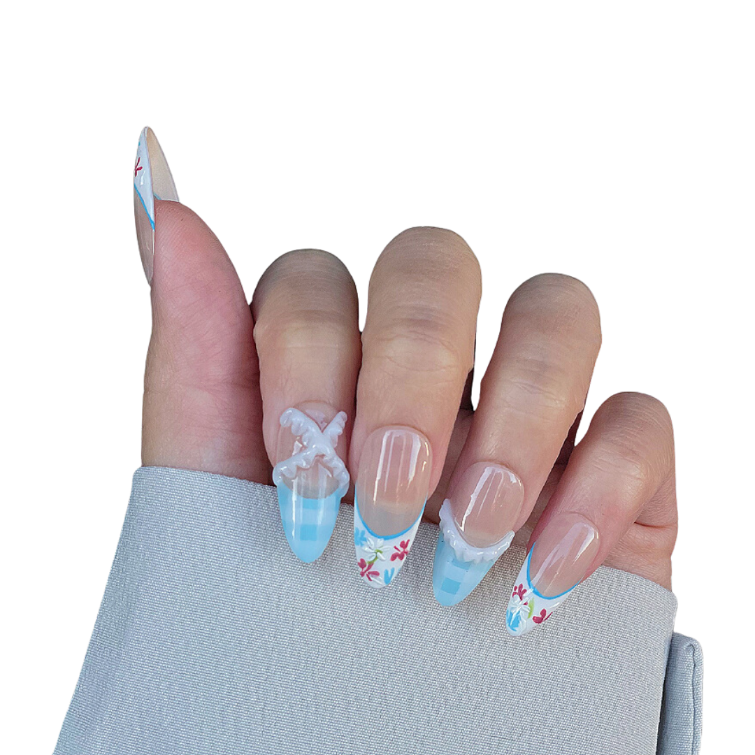 pastel blue French tips press on nails