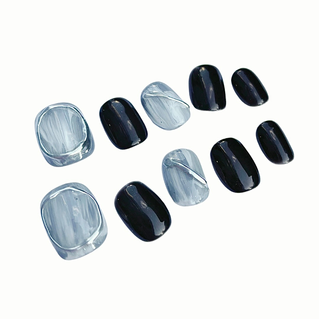 glossy black and marble gray press on nails