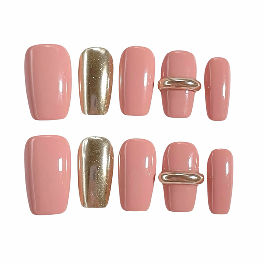  soft pink and metallic gold press on nails